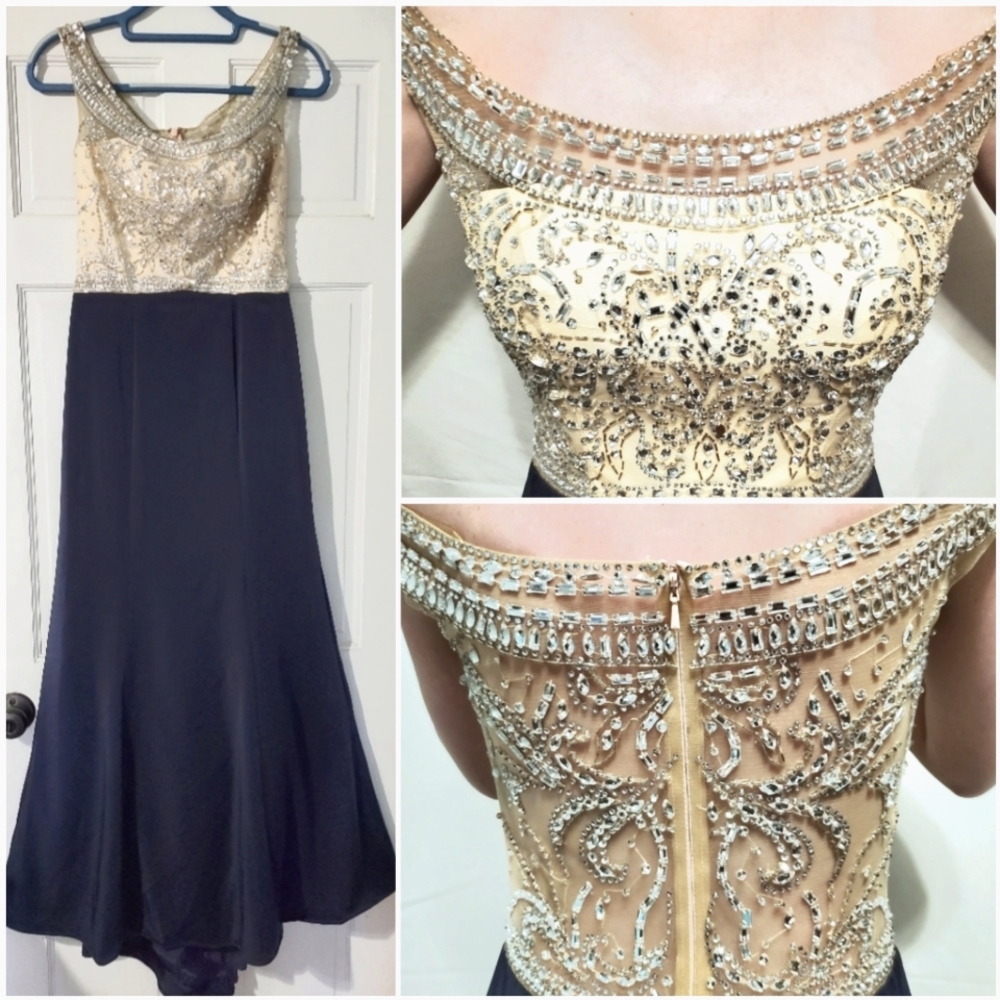 Faerizi Collection, Rhinestone, Navy Blue & Ivory, Gown, Size 6, STUNNING